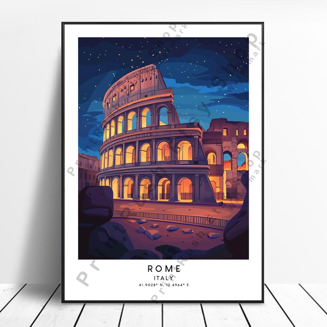 Rome Italy Colosseum Starry Night Glowing Arches Travel Poster