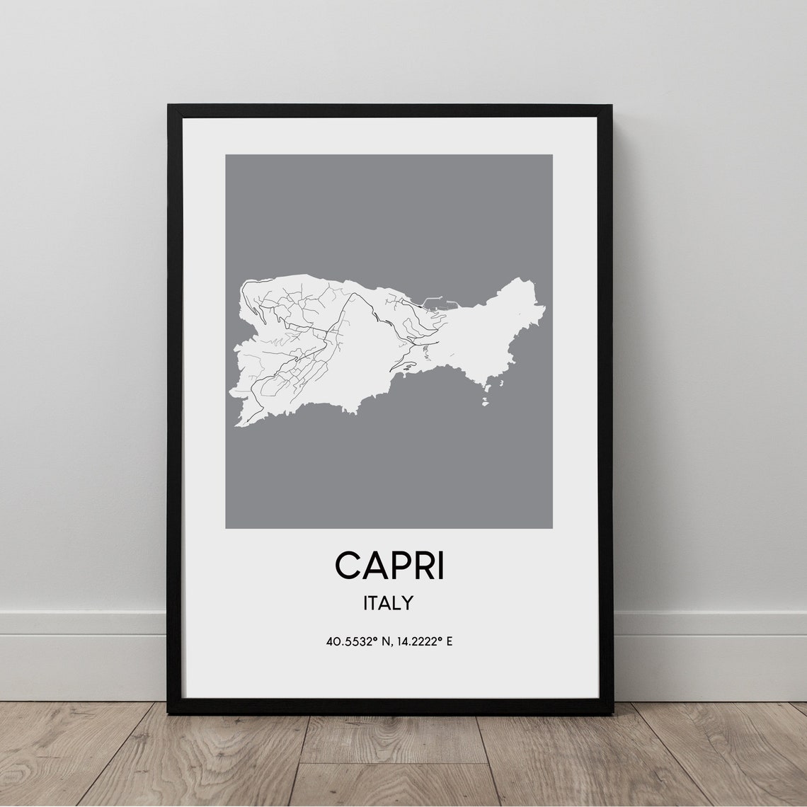 Capri Italy Island Map Poster Black and White Minimalist Coastal Decor