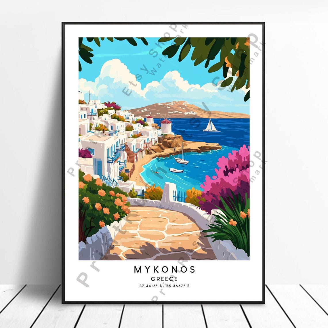 Mykonos Greece Windmill Whitewashed Village Blue Sea Travel Poster