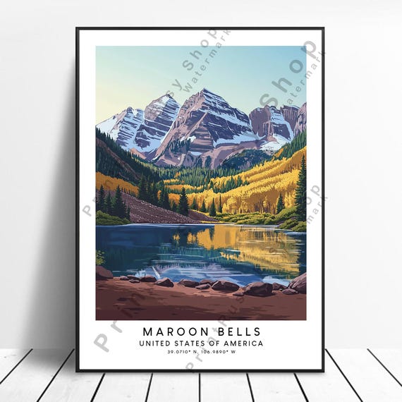 Maroon Bells Travel Print Colourful Poster Art Elk Mountains Home Dcor Illustration Gift