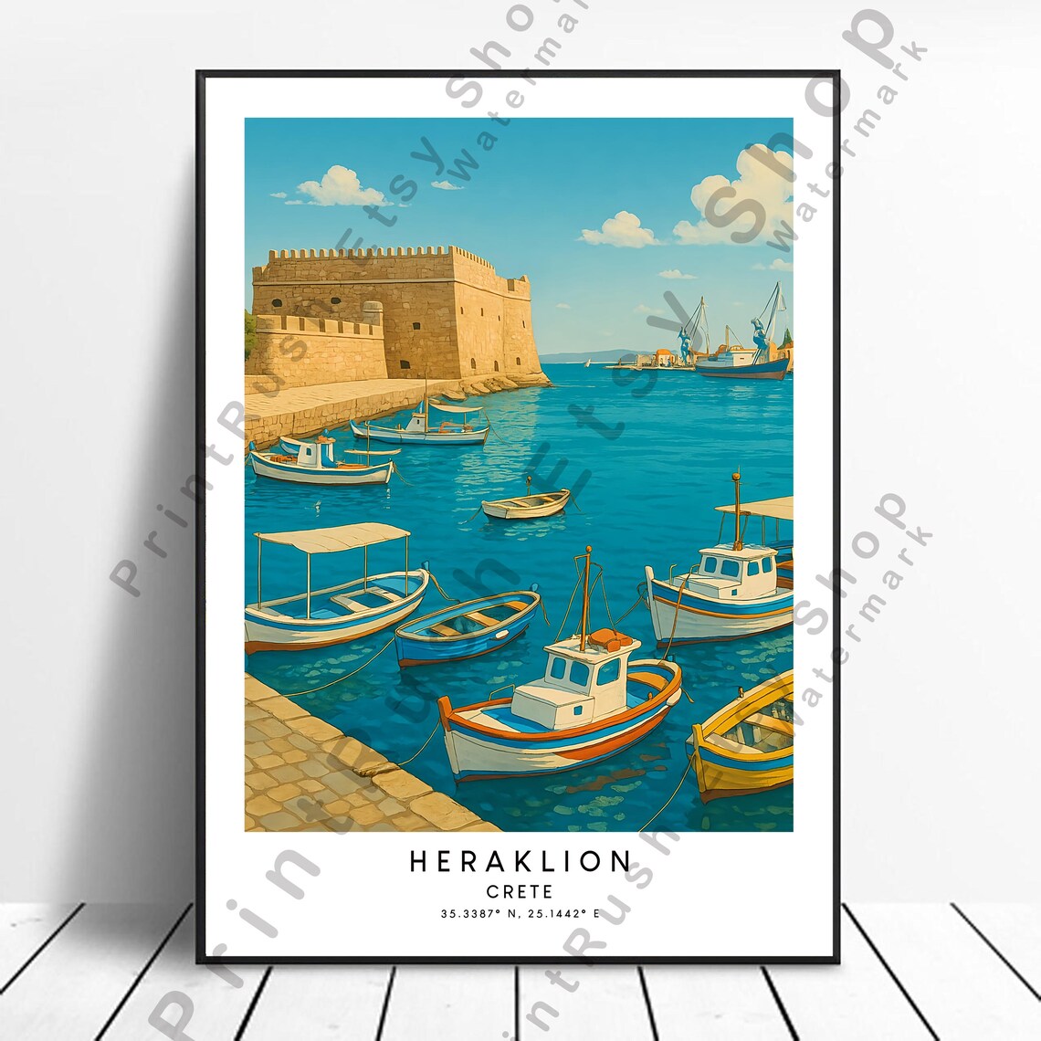 Heraklion Crete Harbor Travel Style Poster Colorful Fishing Boats Art
