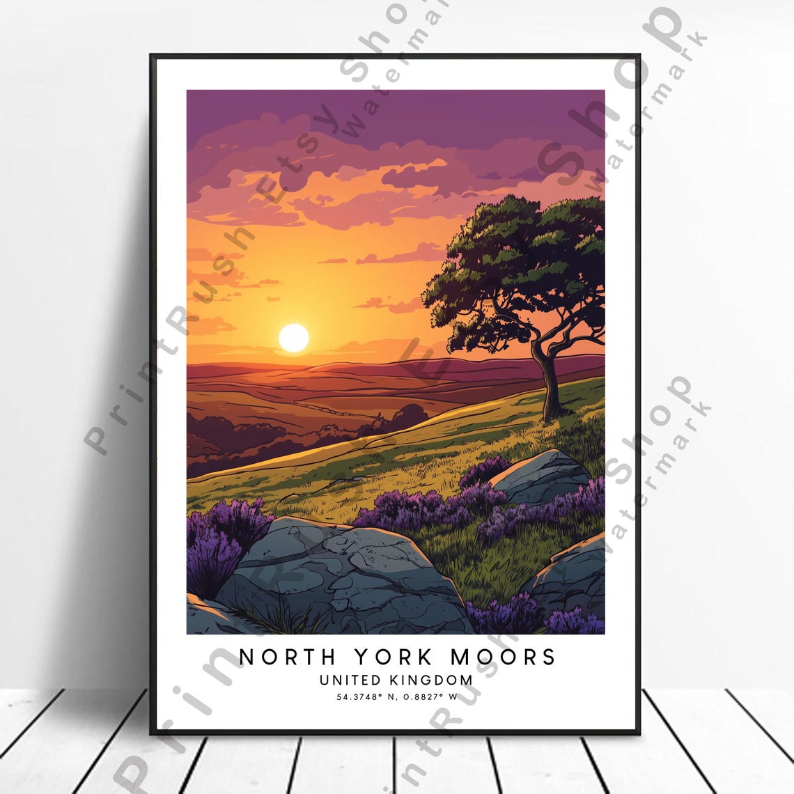 North York Moors England Heather Sunset Moorland Travel Poster