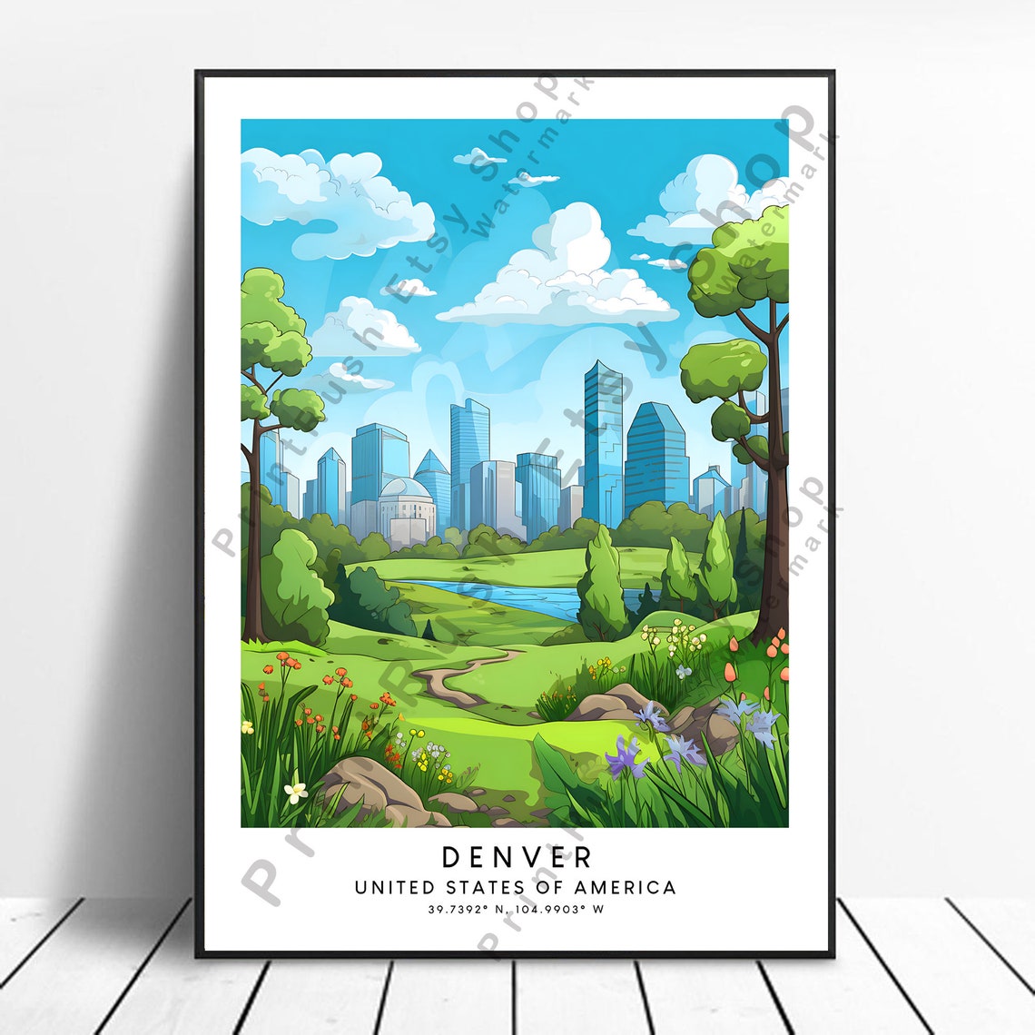 Denver United States Skyline Park Wildflowers Travel Art Poster