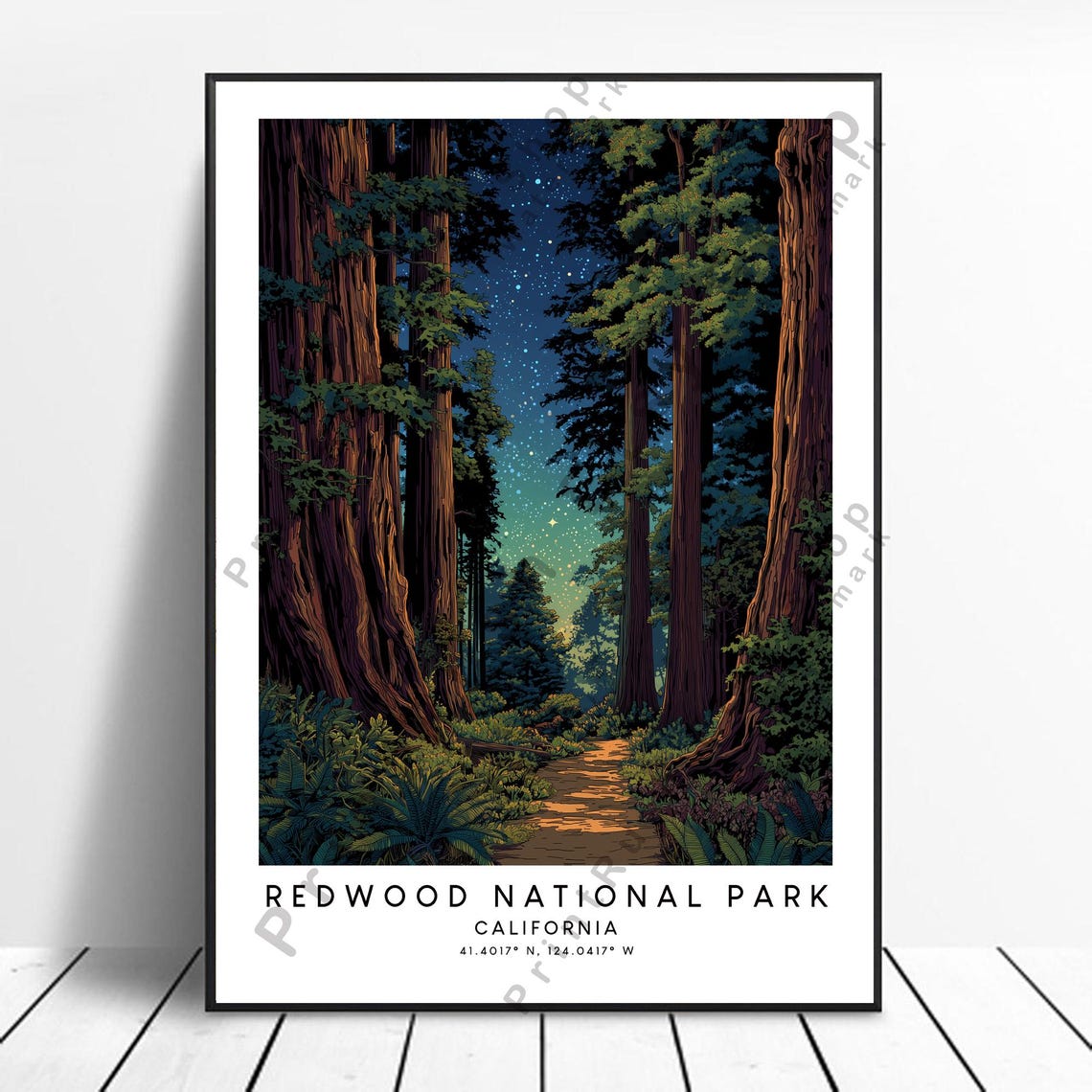 Redwood National Park Starry Night Forest Trail California Poster