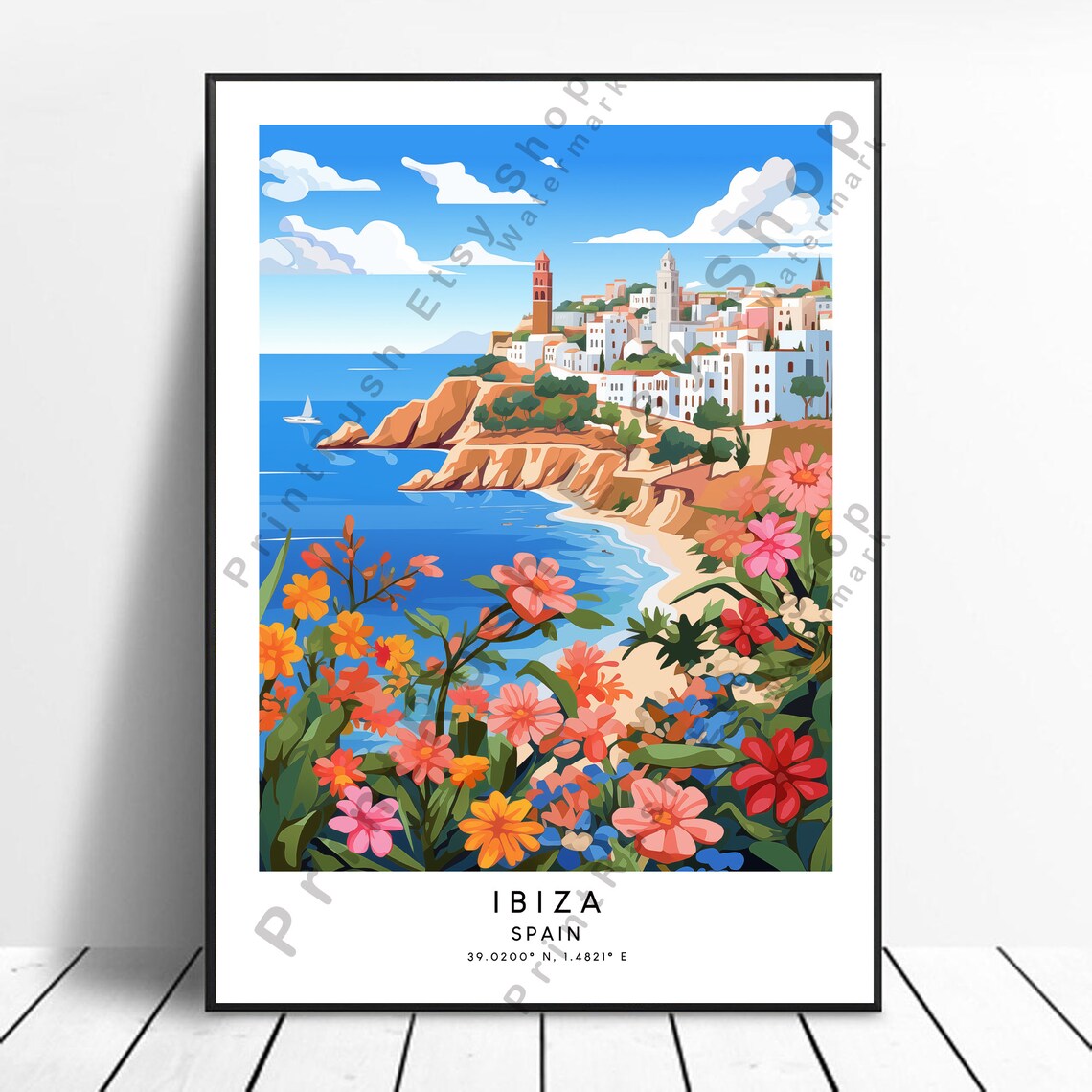 Ibiza Spain Coastal Town Beach Colorful Floral Travel Art Poster