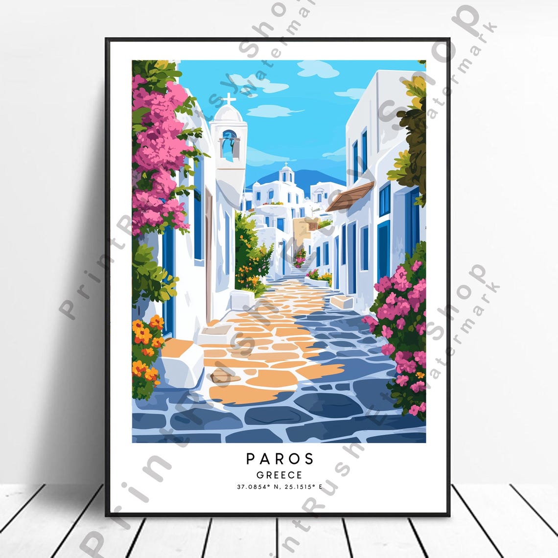 Paros Greece Sunny Village Alley Bougainvillea Travel Poster