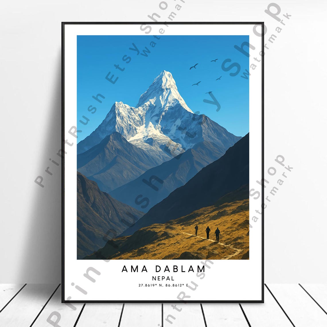 Ama Dablam Nepal Day Hikers Golden Trail Himalayan Peak Travel Poster