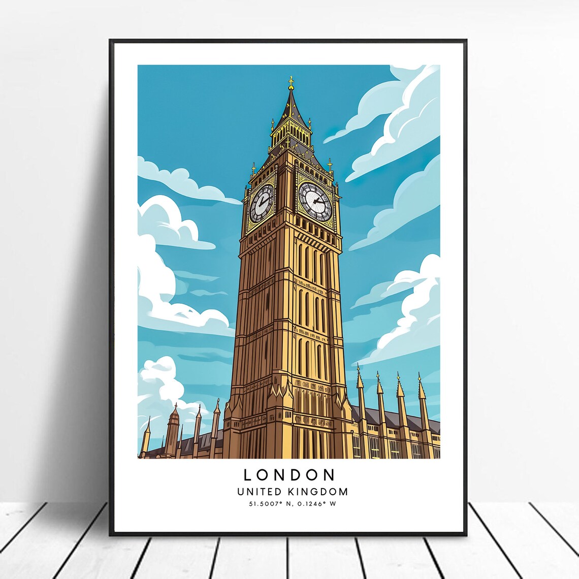 London United Kingdom Big Ben Tower Clock Vintage Travel Art Poster