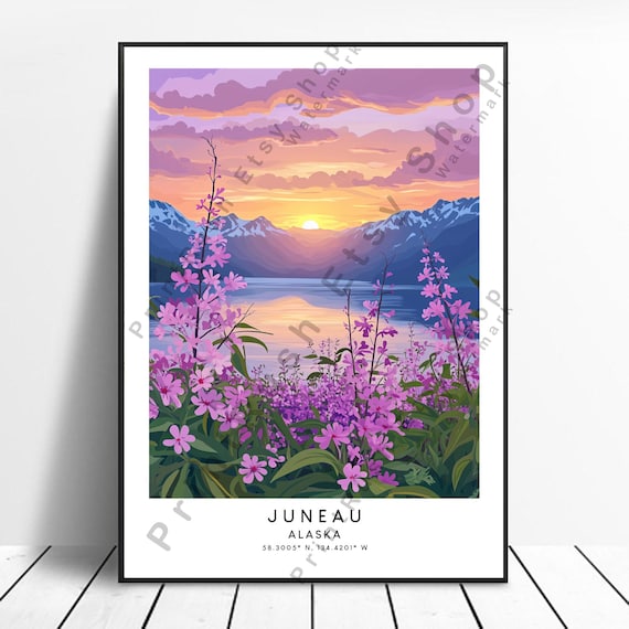 Juneau Alaska Sunset Over Water Purple Wildflowers Travel Poster