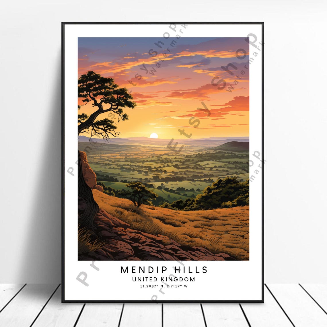 Mendip Hills United Kingdom Sunset Valley Panorama Scenic Poster