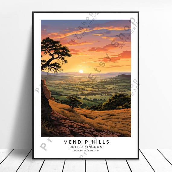Mendip Hills Travel Print Colourful Poster Home Dcor Wall Art Hanging Illustration Mendips Gift