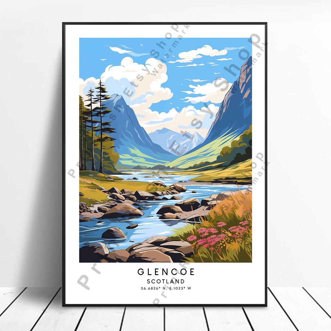 Glencoe Scotland Valley River Travel Poster Highlands Landscape Art