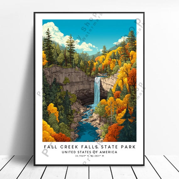 Fall Creek Falls State Park Illustration Art Print Tennessee Travel Poster Forest Canyon Wall Nature Landscape Home Decor Gift