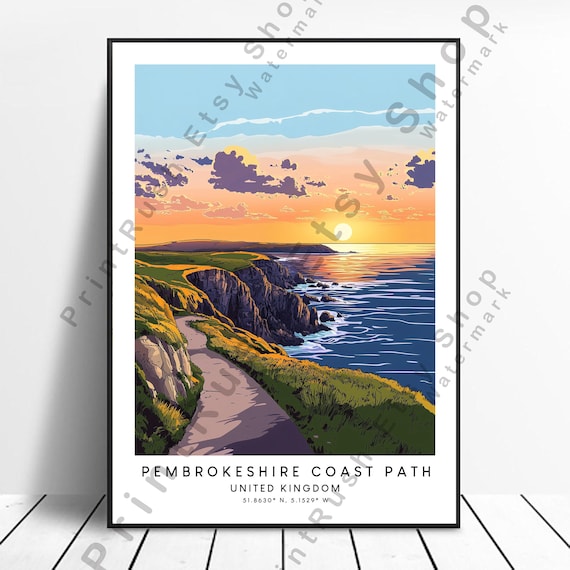 Pembrokeshire Coast Path Sunset Clifftop Walk Ocean View Travel Poster