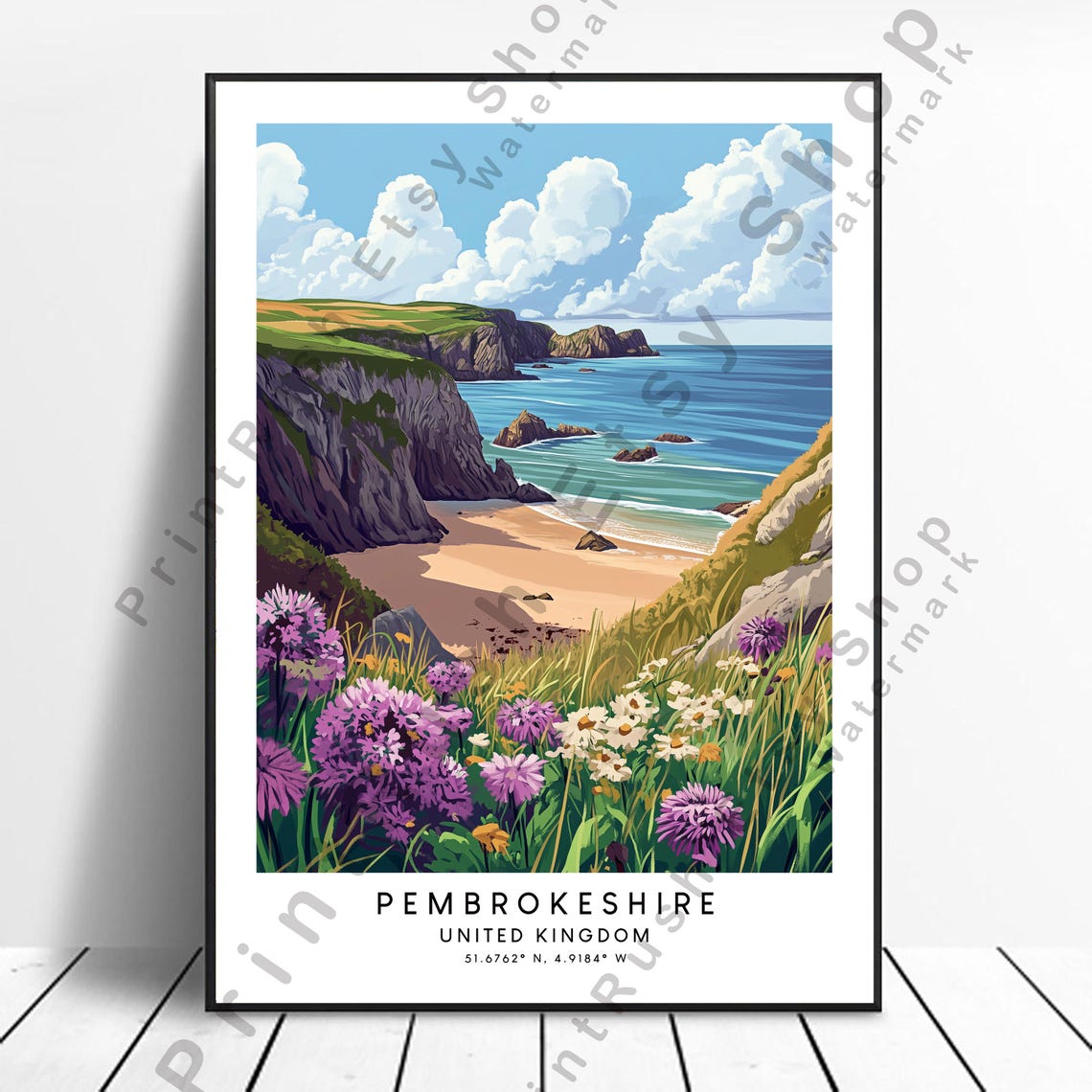 Pembrokeshire Cove Beach Purple Wildflowers Coastal Travel Poster