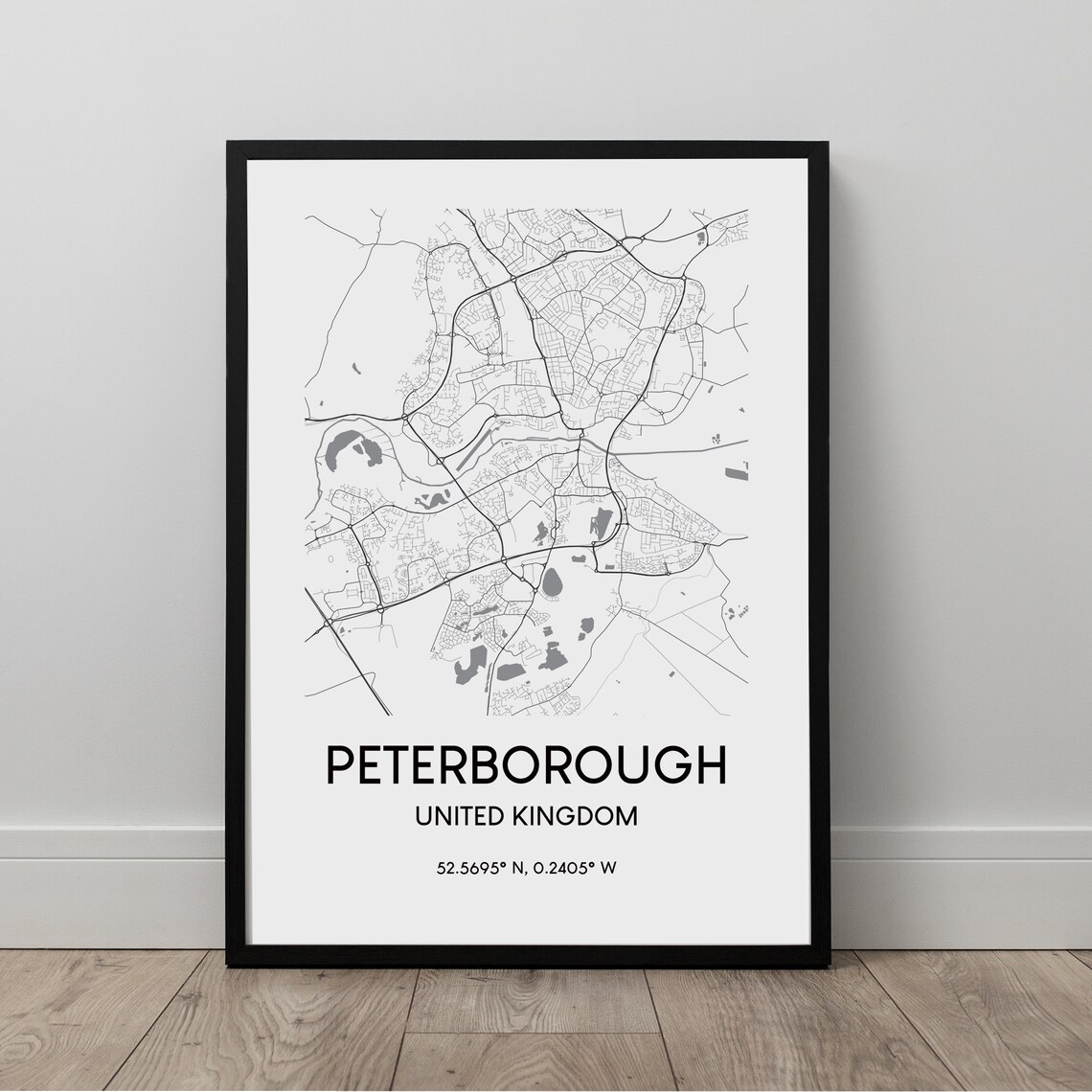 Peterborough City Map Print Black And White Art Poster Minimalist Wall Travel Gift