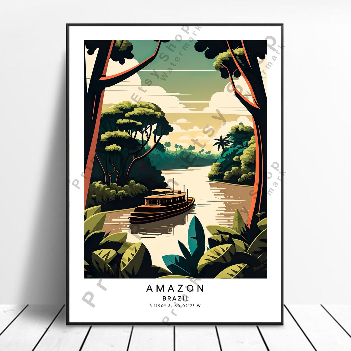 Amazon Rainforest Travel Poster, Minimalist Abstract Brazil