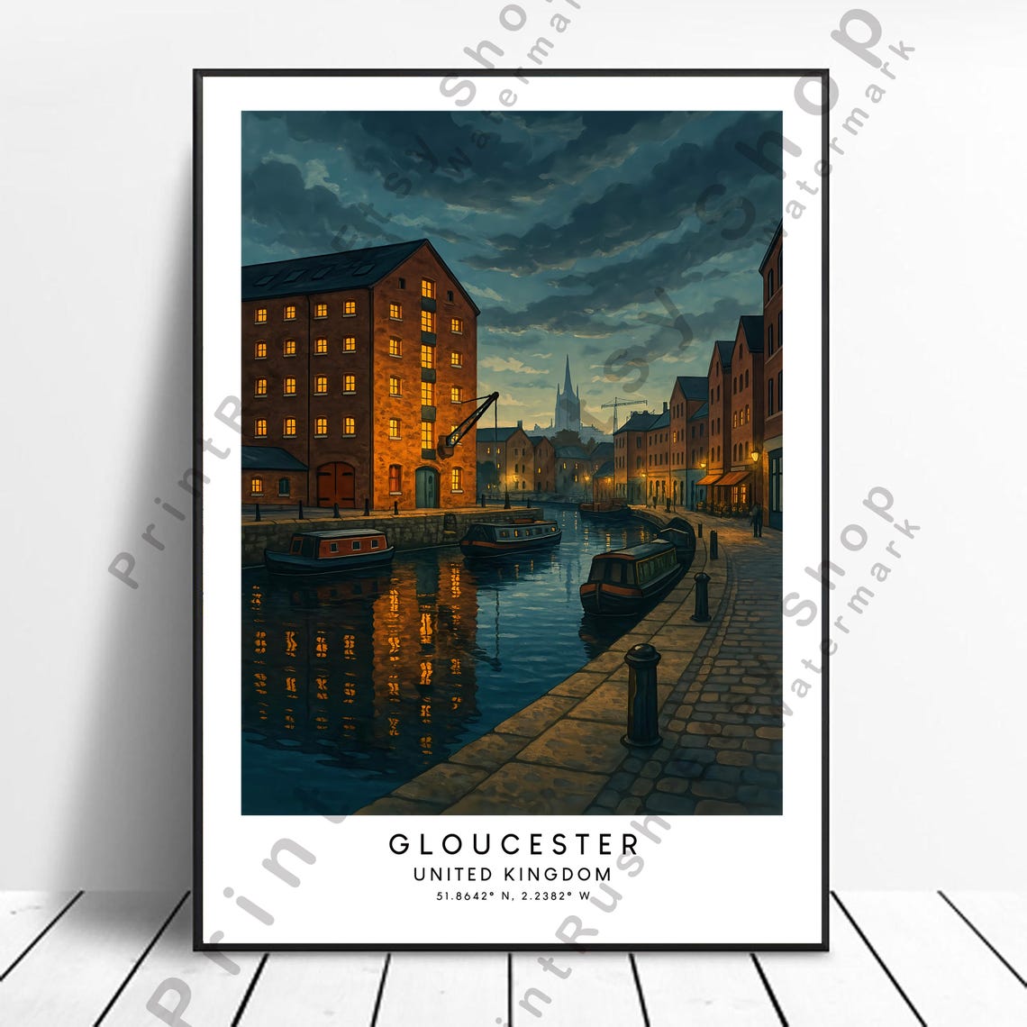 Gloucester United Kingdom Historic Docks At Dusk Night Travel Poster