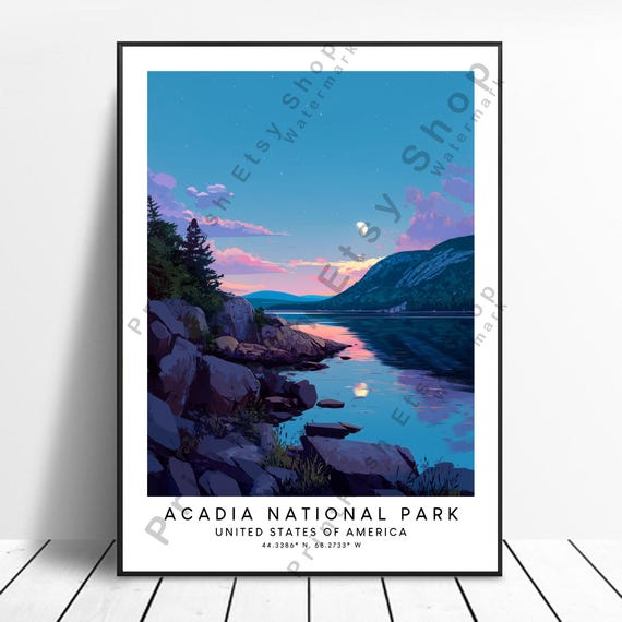 Acadia National Park Illustration Art Print Home Decor Maine Coast Landscape Wall Hanging Travel Artwork Gift