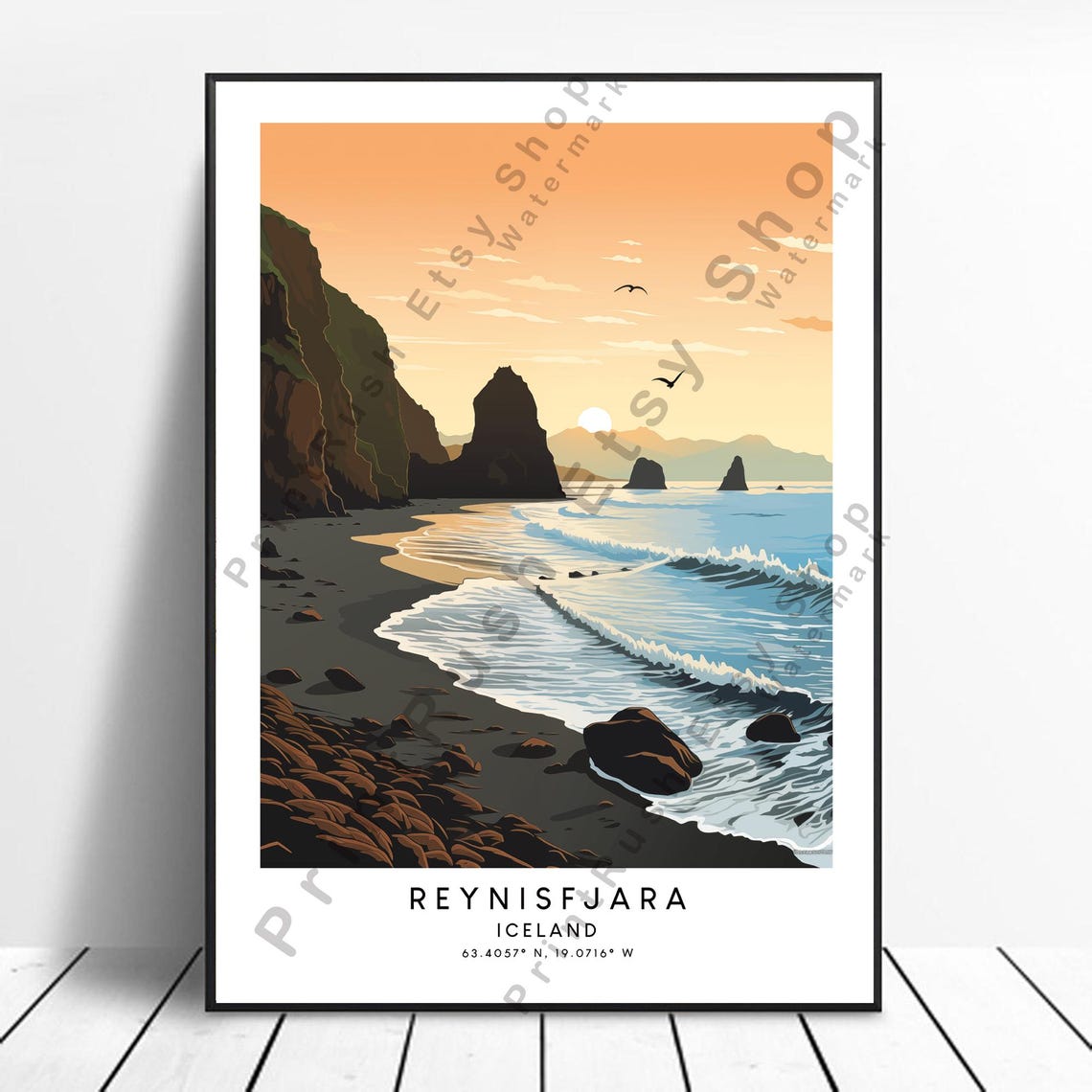 Reynisfjara Black Sand Beach Sunset Iceland Coastal Travel Poster