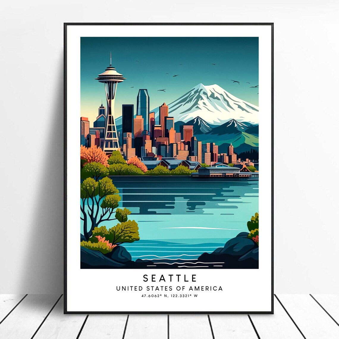 Seattle Travel Poster, Abstract Minimalist Wall Art