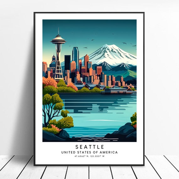 Seattle Travel Poster, Abstract Minimalist Wall Art