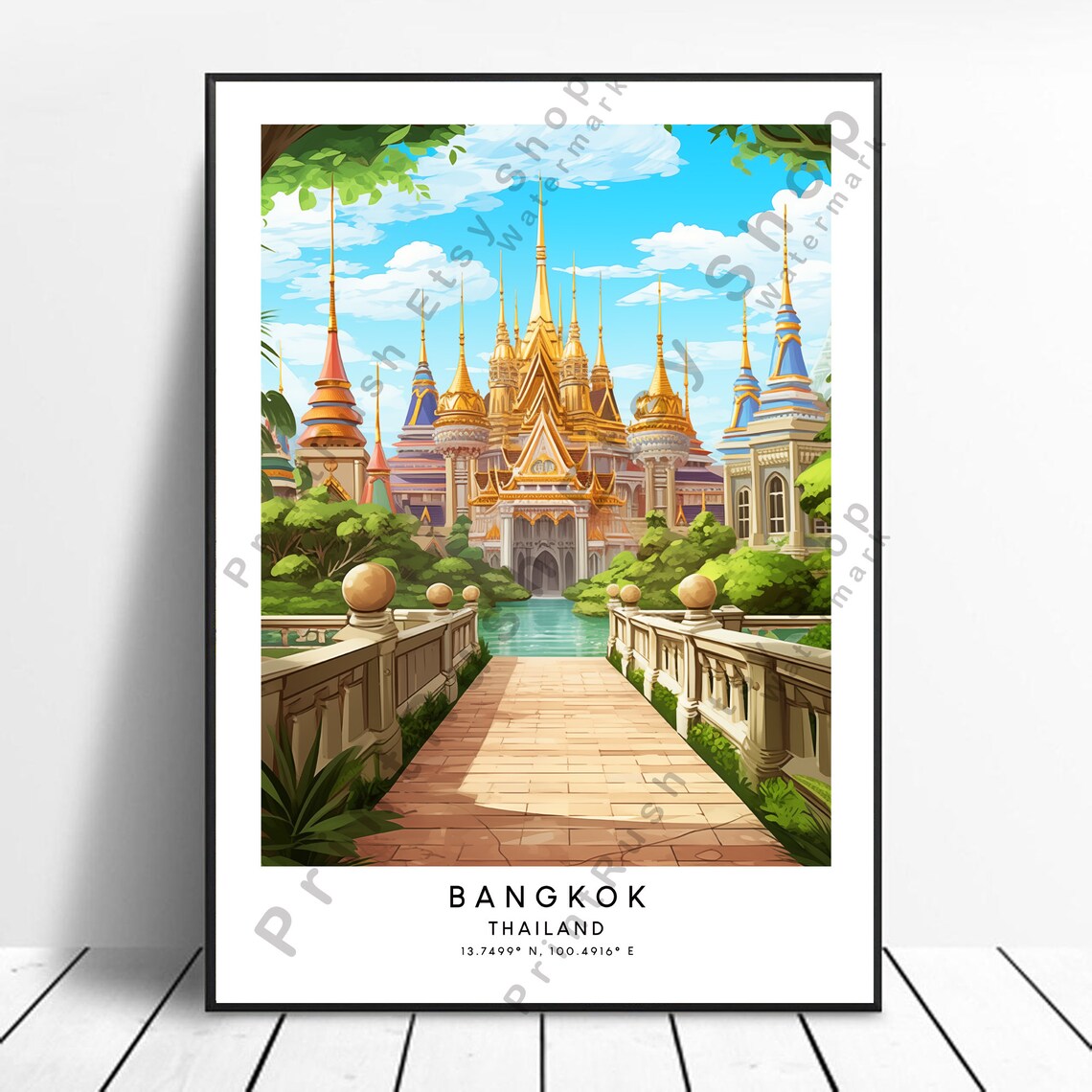 Bangkok Thailand Golden Temple Palace Colorful Travel Art Poster