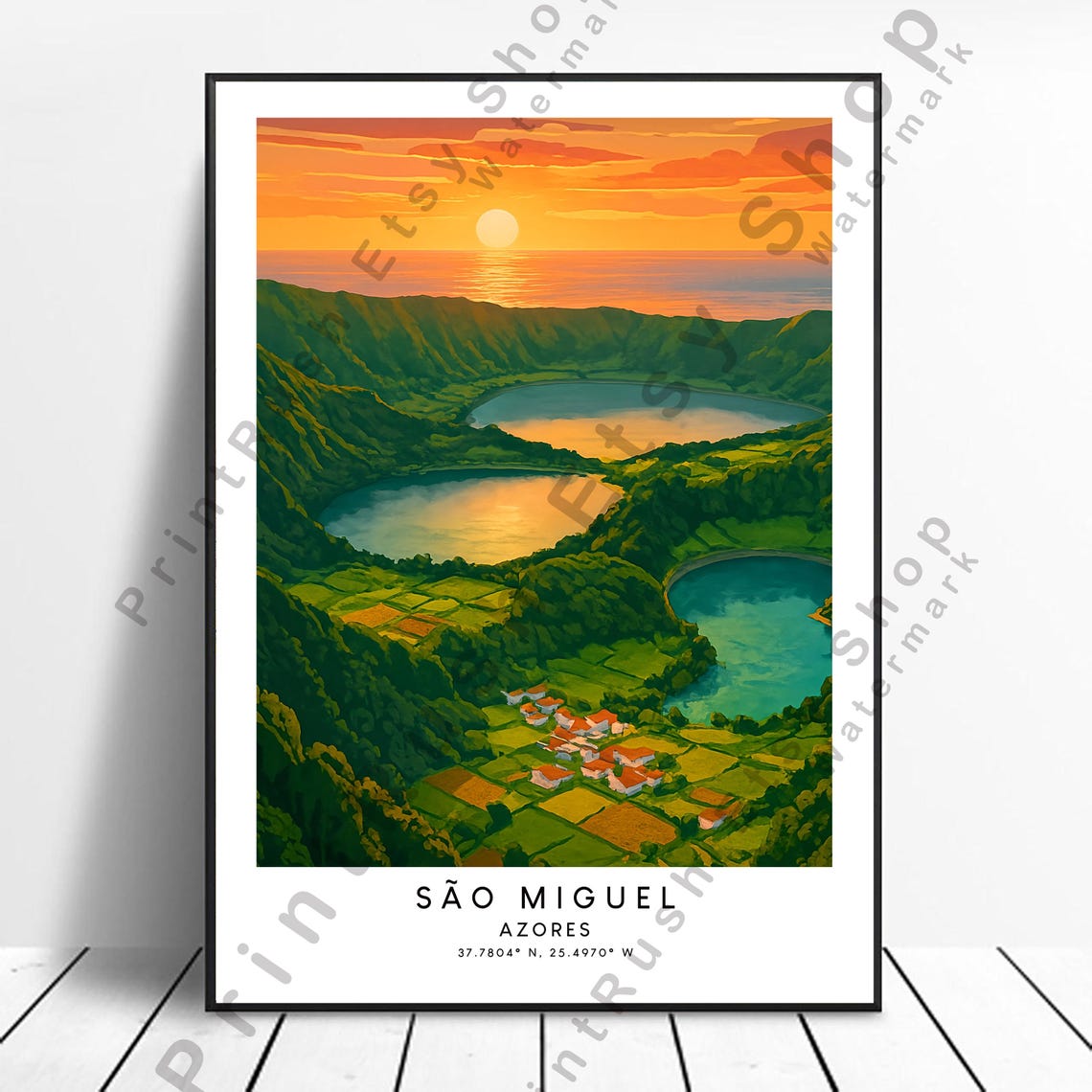 Sao Miguel Azores Crater Lakes Sunset Volcanic Island Art Poster