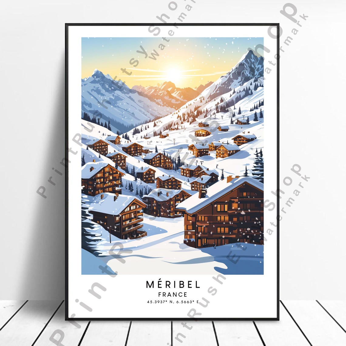Méribel France Alpine Ski Resort Snow Village Sunset Travel Poster