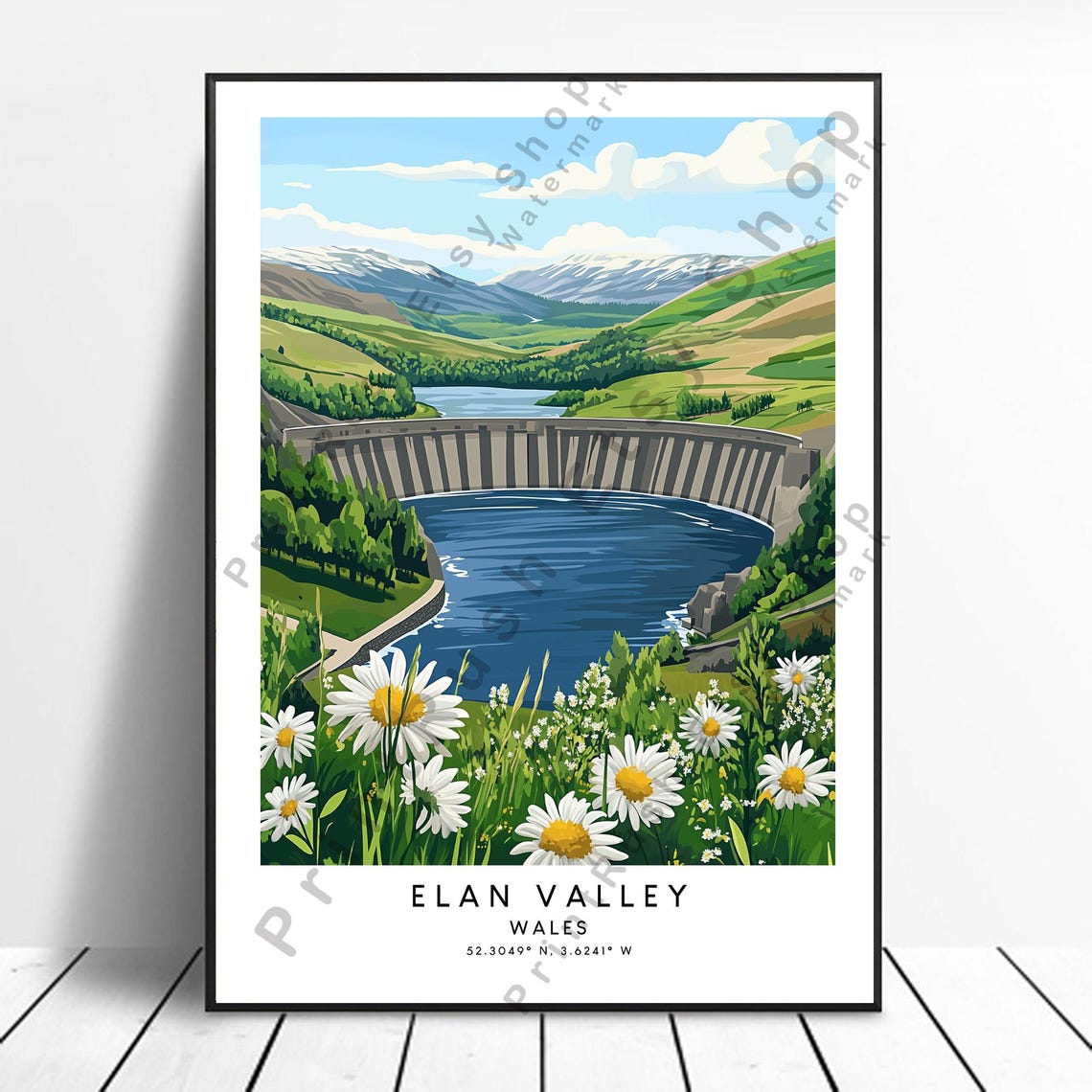 Wales Elan Valley Dam Reservoir Rolling Green Hills Travel Poster