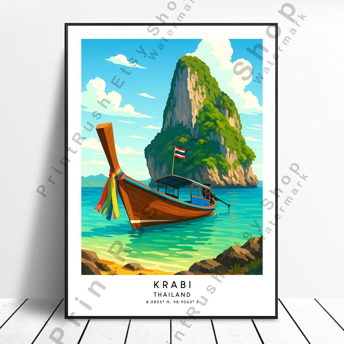 Krabi Thailand Longtail Boat Travel Poster Turquoise Sea Cliff Artwork