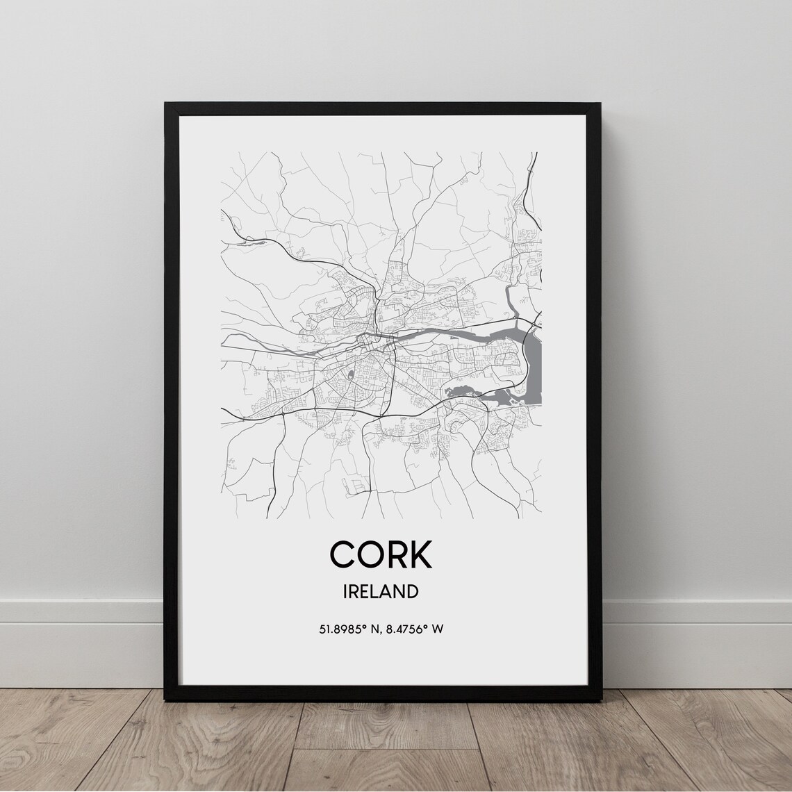 Cork City Map Print Black And White Poster Ireland Travel Minimalist Wall Art Gift