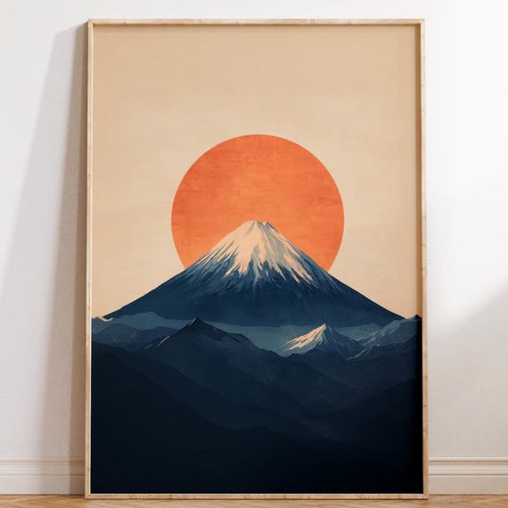 Rising Sun Over Fuji, Japandi Mountain Art Print