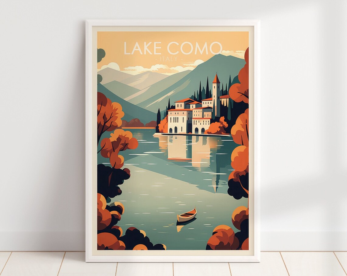 Lake Como Italy Autumnal Villa Lake Scene Vintage Travel Poster