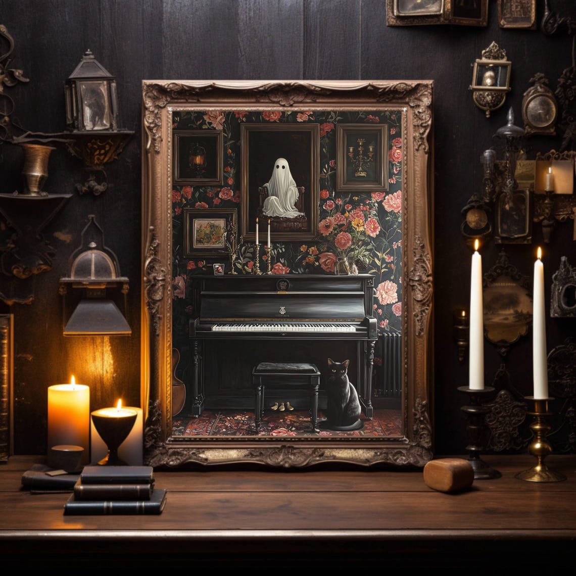 Black Cat by Upright Piano in Gothic Floral Parlor Whimsigoth Poster - Image 2