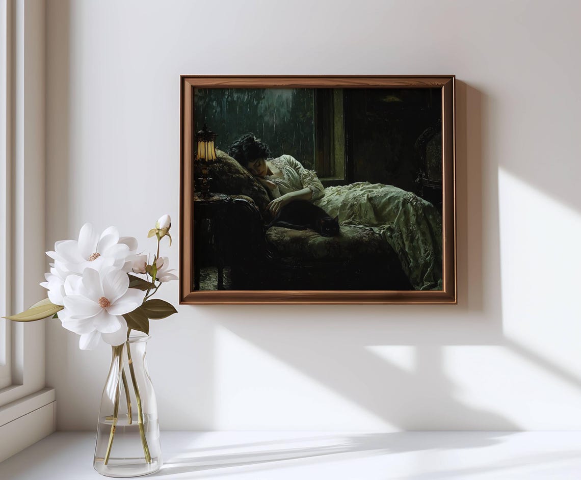 Victorian Woman Sleeping Poster Black Cat Art Moody Rainy Day Decor Dark Atmosphere Wall Art Gothic Print Unframed - Image 5