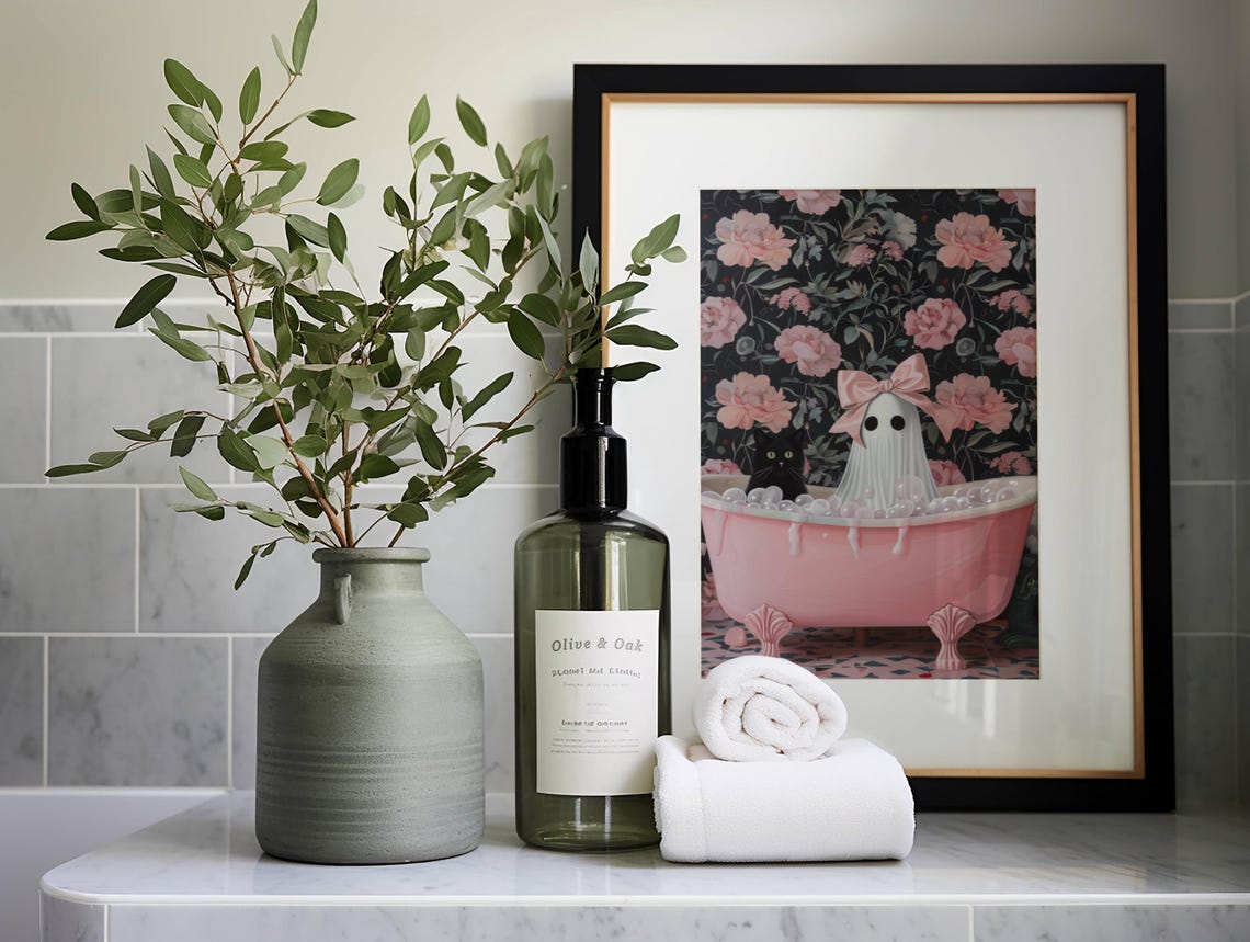 Ghost With a Pink Bow and Black Cat in a Pink Bubble Bath Poster - Image 4