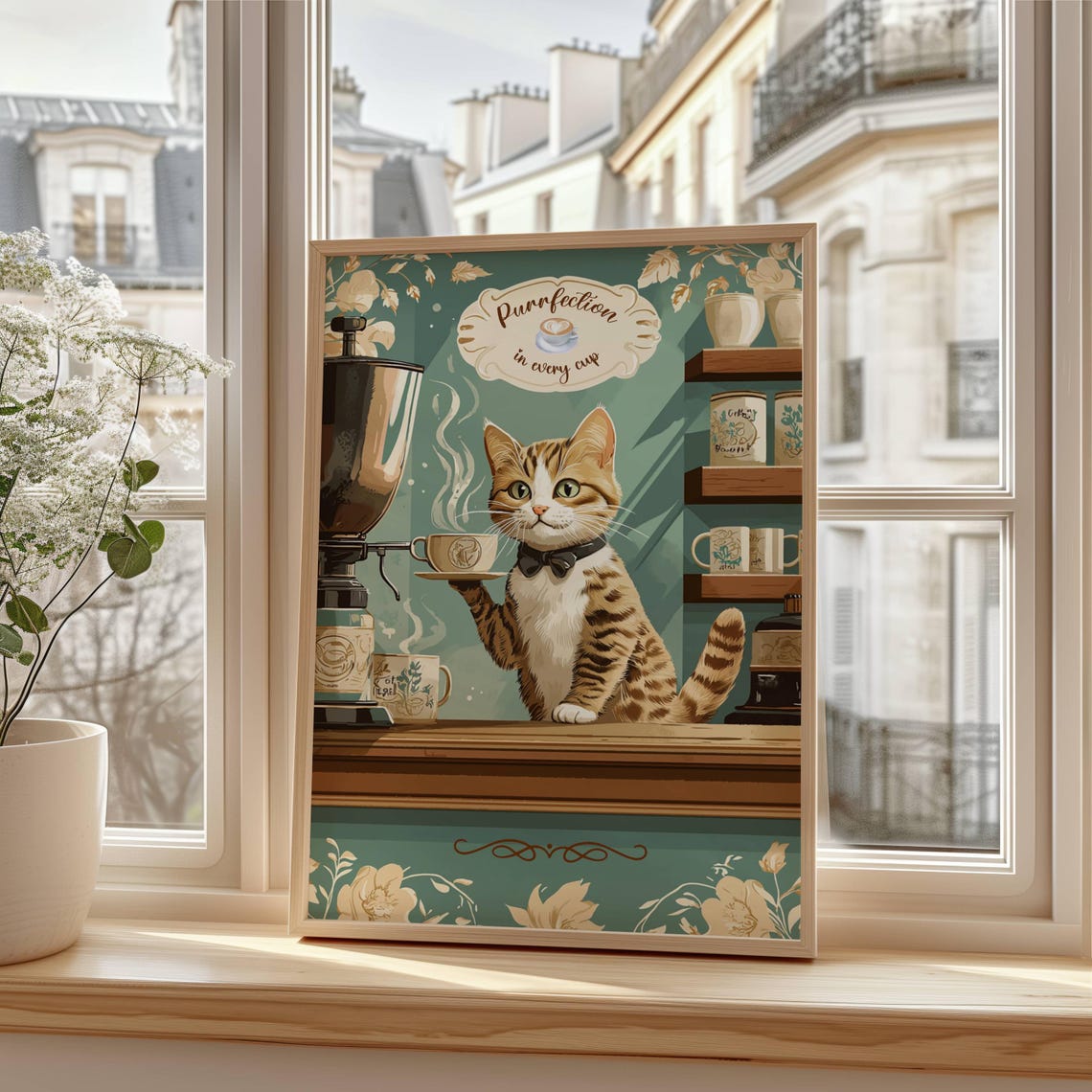 Dapper Tabby Cat Barista in a Bow Tie Serving a Steaming Latte Poster - Image 6