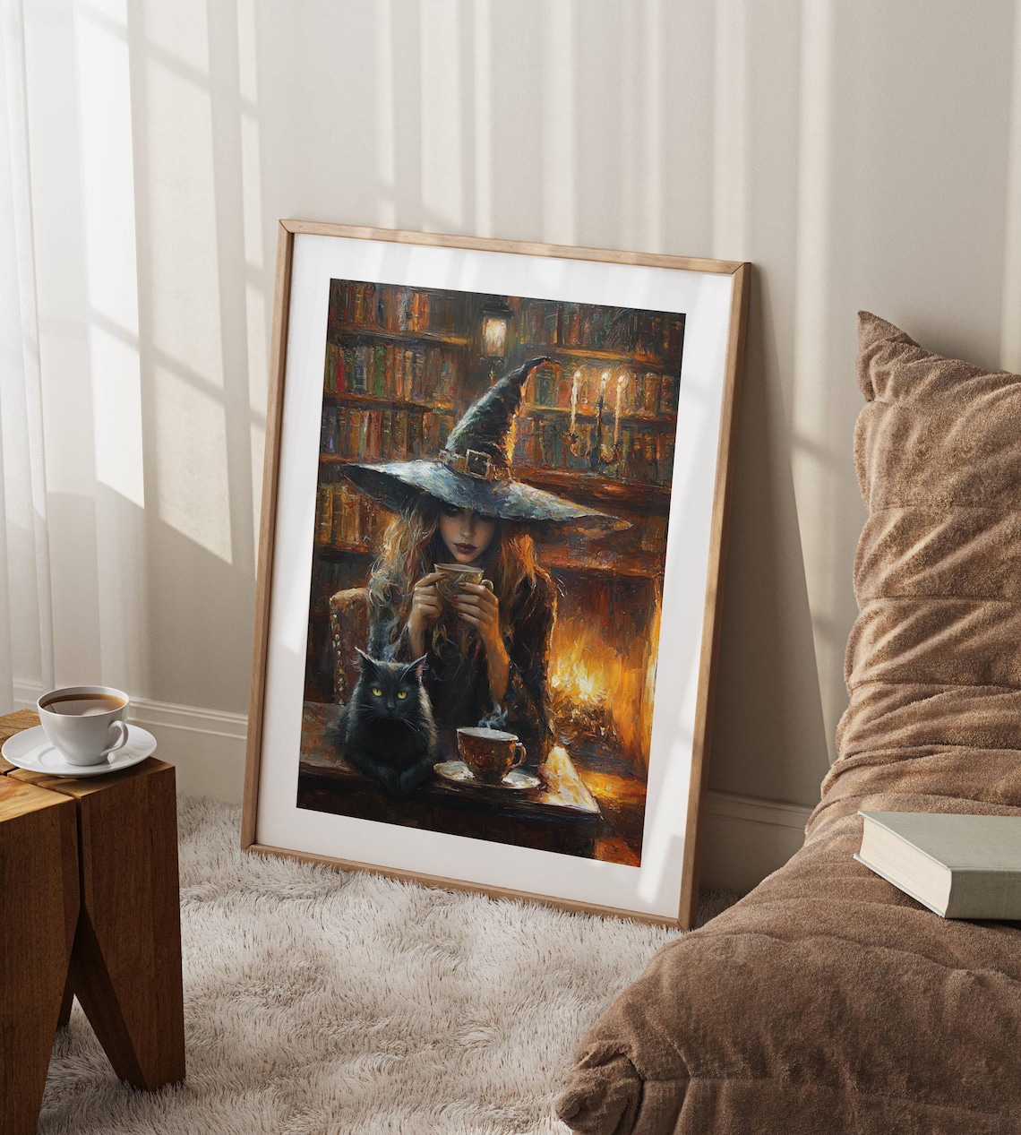 Whimsigoth Witch Tea in Library, Black Cat Art Print - Image 5