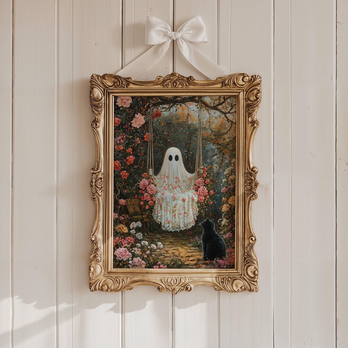 Ghost on Garden Swing and Black Cat, Whimsigoth Art Print - Image 2