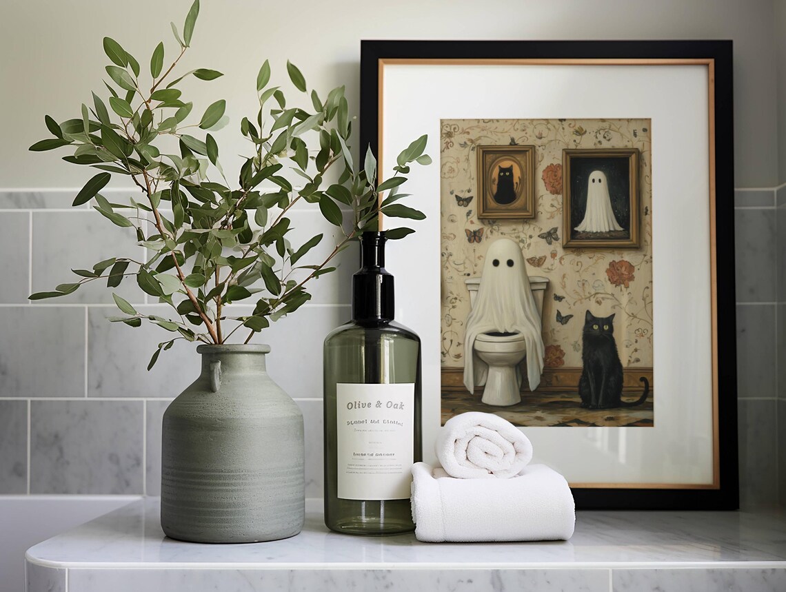 Ghost And Cat Bathroom Poster Print, Whimsical Pet Art - Image 6