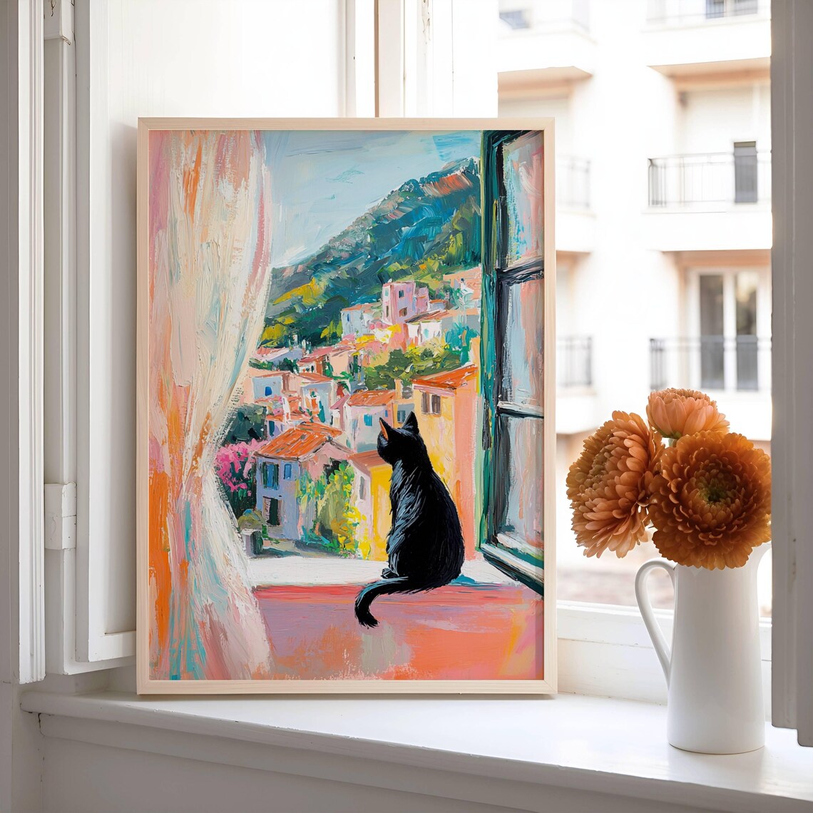 Black Cat on a Windowsill Above a Colorful Coastal Town View Poster - Image 3