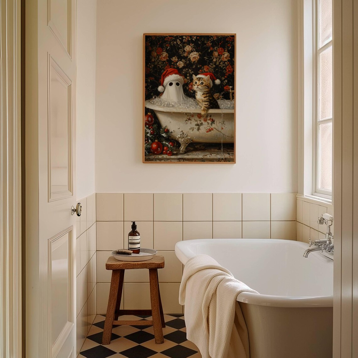 Ghost and Cat Christmas Bath Art Print, Whimsigoth - Image 4