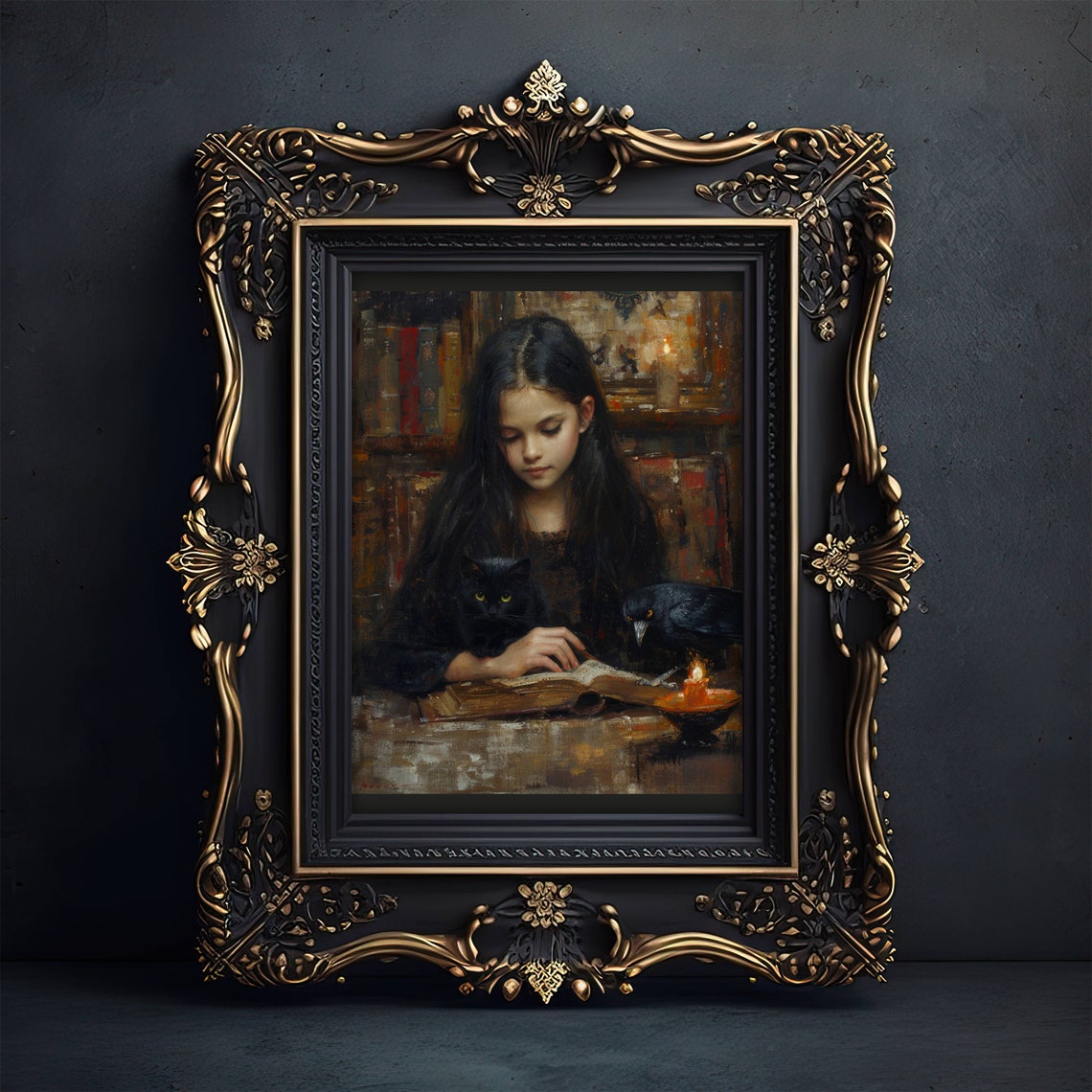 Girl Reading by Candlelight With a Black Cat and Crow Poster - Image 3