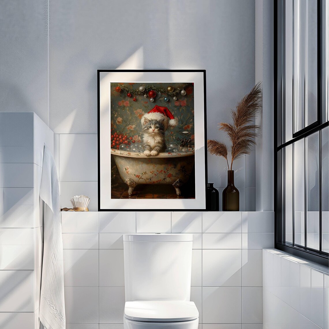 Gray Tabby Kitten Christmas Bubblebath Art Print - Image 4