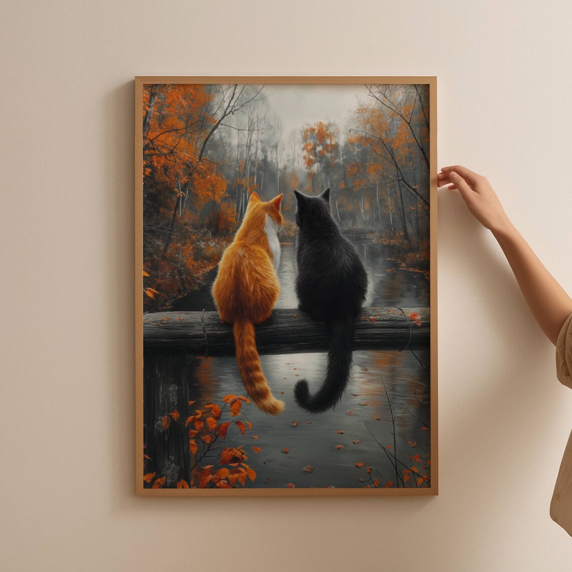 Two Cats Sitting Side by Side on a Fence by an Autumn Lake Poster - Image 3