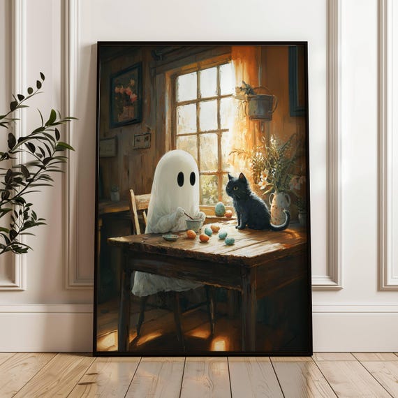 Ghost And Black Cat Easter Eggs, Whimsigoth Art Print