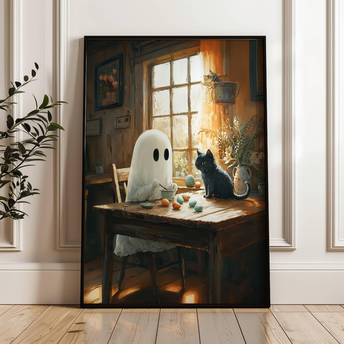 Ghost And Black Cat Easter Eggs, Whimsigoth Art Print