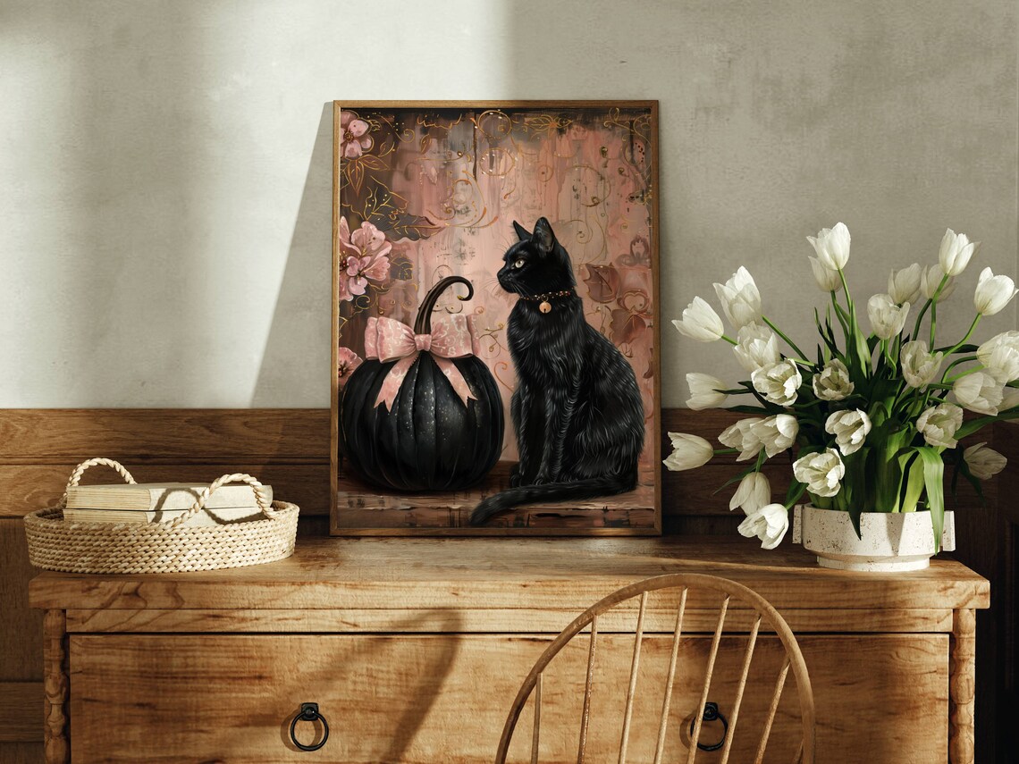 Coquette Black Cat and Pumpkin Halloween Art Print - Image 5