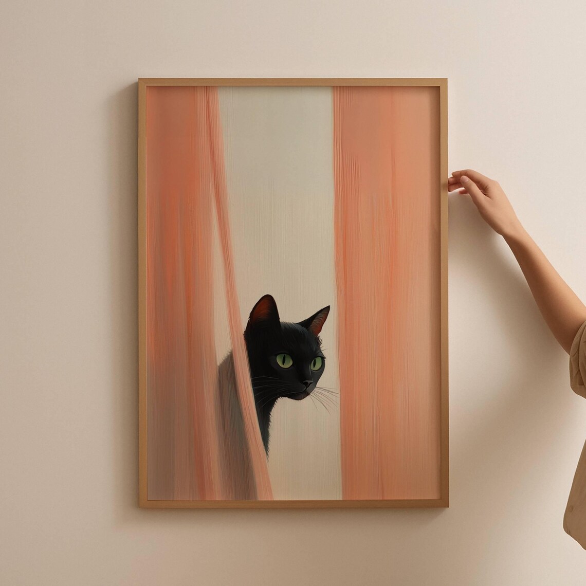 Black Cat Peeking Through Curtains, Minimalist Poster - Image 2